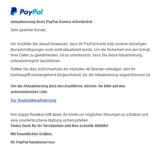 Screenshot Phishingmail PayPal