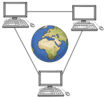 Grafik: Eine Weltkugel in der mitte, darum drei PCs, die über ein Netwerkmiteinander verbunden sind.